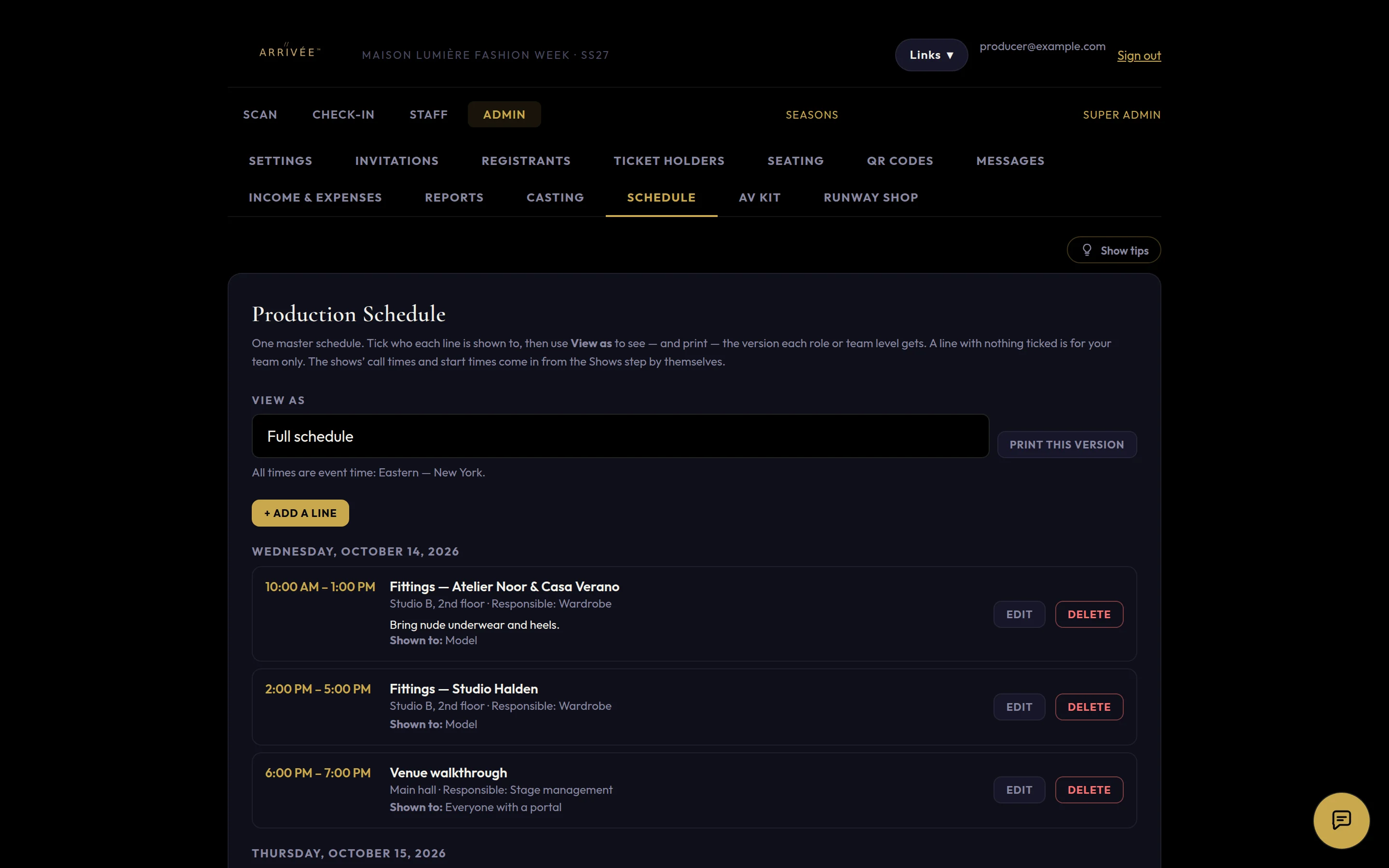 The production schedule in ARRIVÉE
