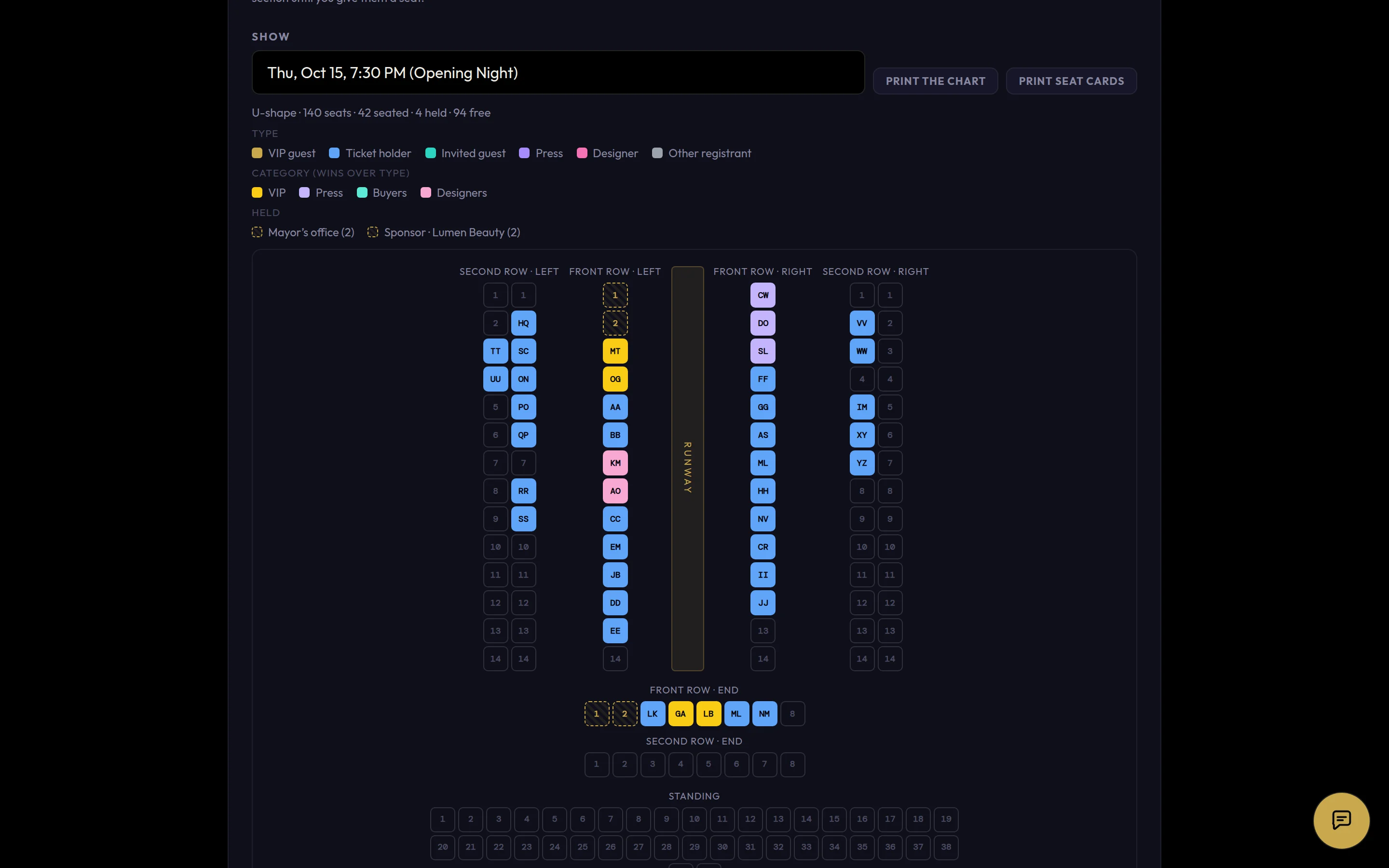 A seating chart around the runway