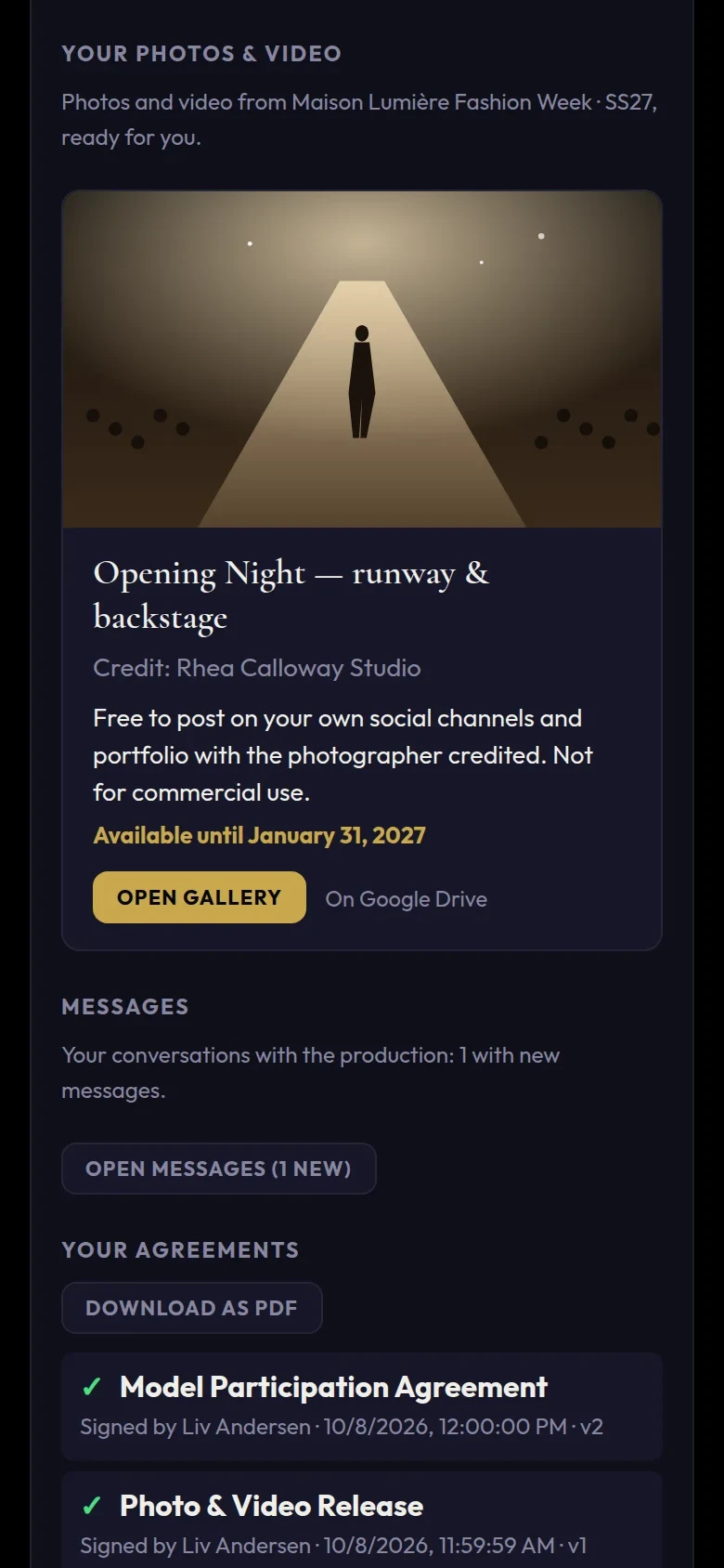 After the show: a model's photos and video in her portal, with the photographer's credit