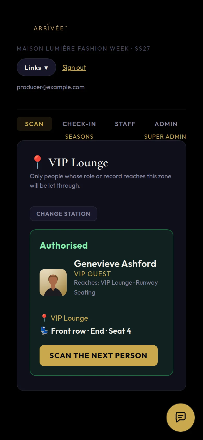 The door scanner: a VIP guest authorised at the VIP Lounge
